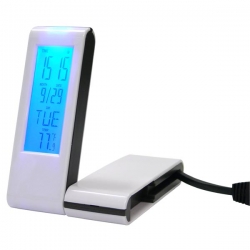 USB (2.0) hub 4-port, biely, podsvietený, hodiny, budík, časovač